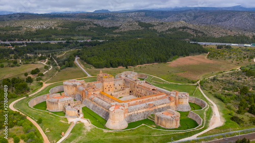 Landscape of Fort of Salses and Salses le Chateau, listed as a monument historique by the French Ministry of Culture.  Salses-le-Château fields and village as a background.