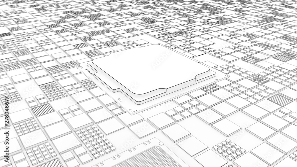 Installing CPU on Motherboard circuit with microchips, electric wave ...