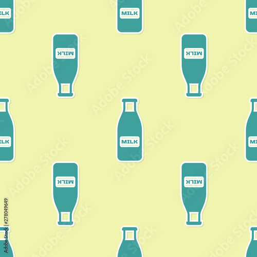 Green Closed glass bottle with milk and cap icon isolated seamless pattern on yellow background. Vector Illustration