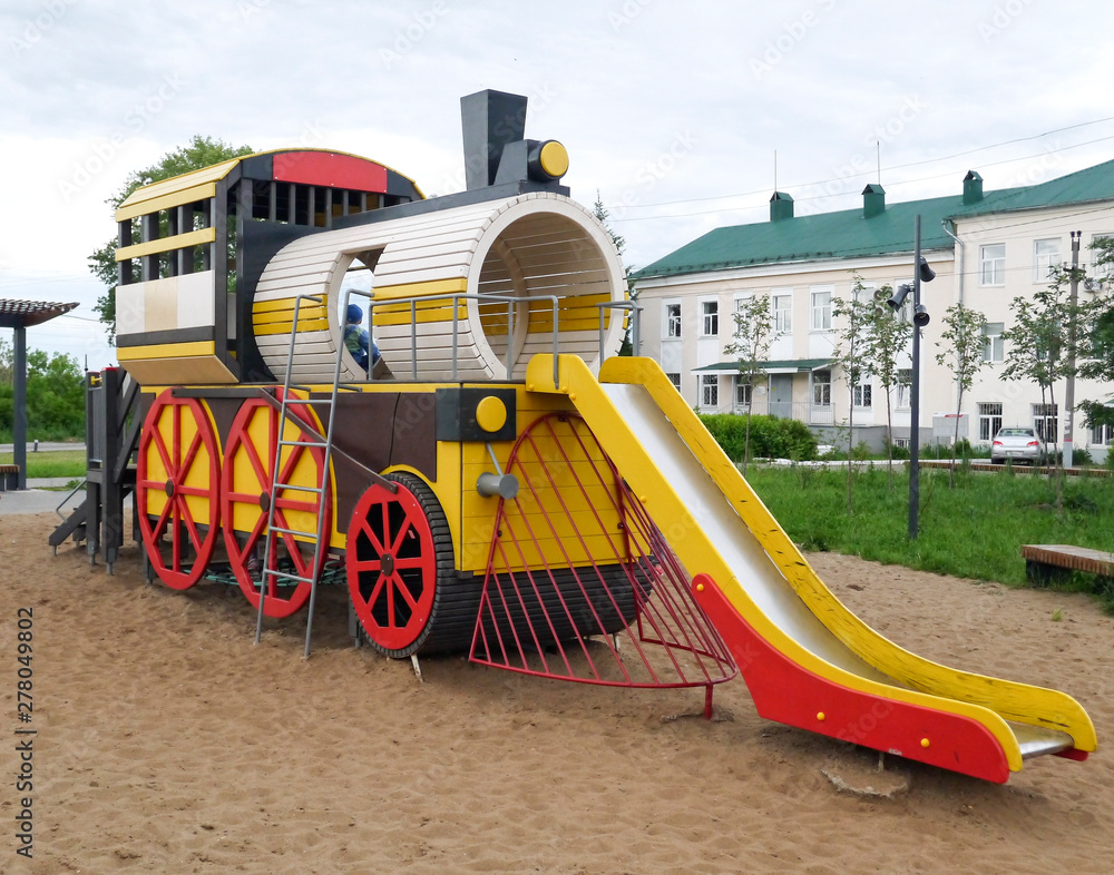 Children 's atraction slide made as stylized steam locomotive Children 's atraction slide made as stylized steam locomotive