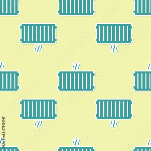 Green Heating radiator icon isolated seamless pattern on yellow background. Flat design. Vector Illustration