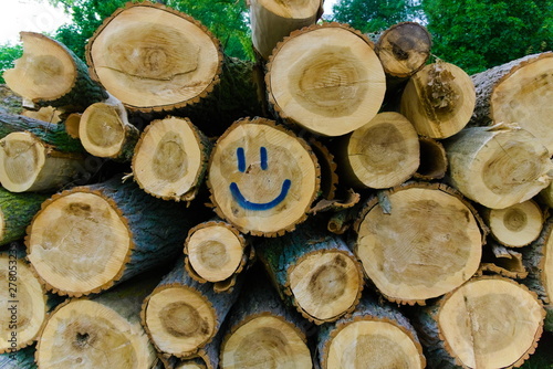 cut down lumber stacked on each other tagged with a smiley face