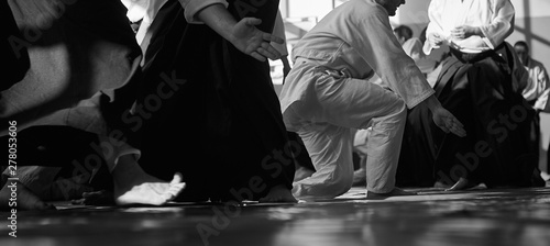 Aikido training. Black and white image. Traditional form of clothing in Aikido. Background image. No faces and recognizable elements! © Uladzimir