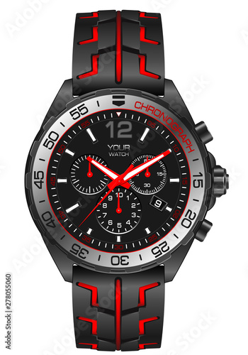 Red grey steel watch clock chronograph for men on white background design modern vector illustration.