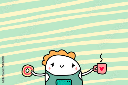 Cute cartoon barista holding cup of coffee and donut, hand drawn vector illustration.