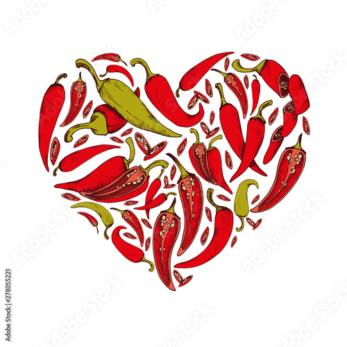 Vector background with chili pepper illustration Hand drawn heart shape food image