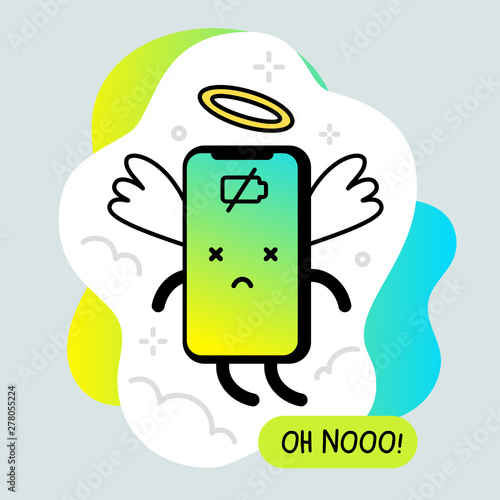 Vector creative illustration of smart phone character with dead battery, wing and nimbus.