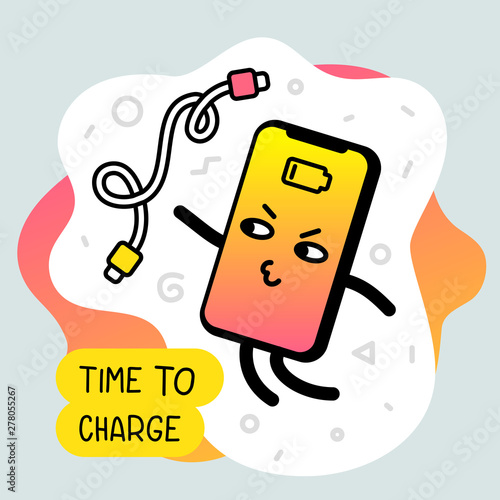 Vector creative illustration of completely discharged smart phone character with charging cord.