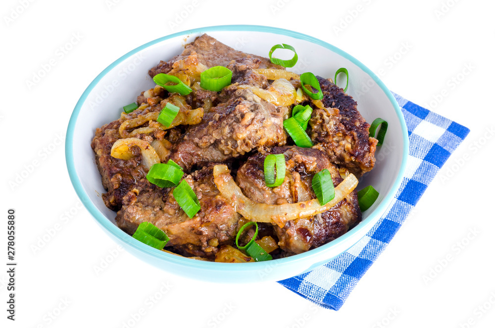 Fried liver with onions in bowl on white background.