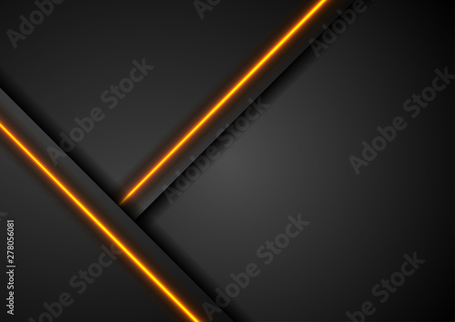 Black abstract corporate material composition, tech vector design. Fiery orange glowing neon lines futuristic background