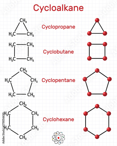 Chemical formula and molecule model cyclopropane C3H6, cyclobutane C4H8, cyclopentane C5H10, cyclohexane C6H12. Homologous series of cycloalkanes. Are monocyclic saturated hydrocarbons