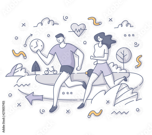 Healthy outdoor activity. Couple or friends, man and woman, run together around in park. Fitness, sport, exercising. Healthy lifestyle doodle concept