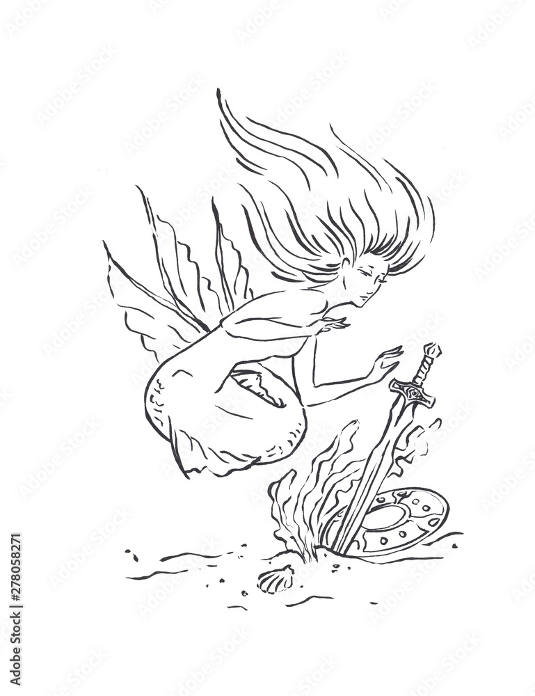 Fototapeta premium mermaid found sea treasures medieval sword and shield