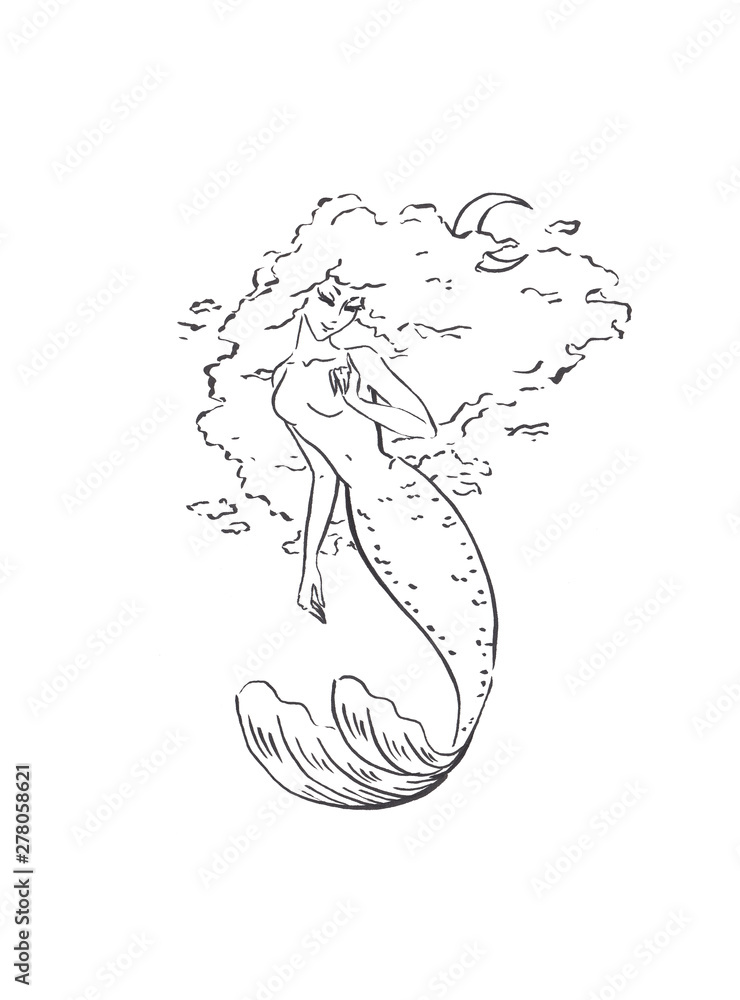 mermaid with clouds hair and young moon