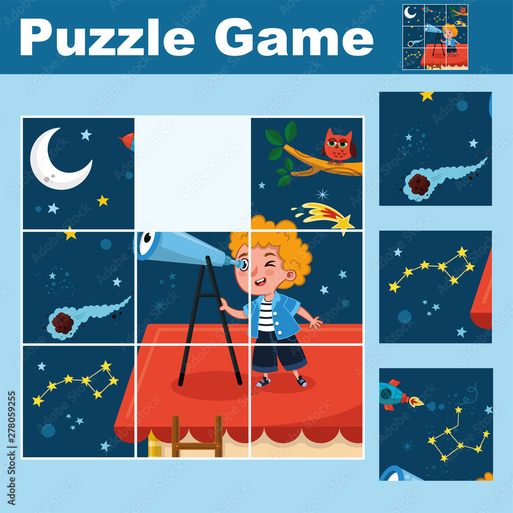 Puzzle education game for preschool children. Find the missing piece. Vector illustration.