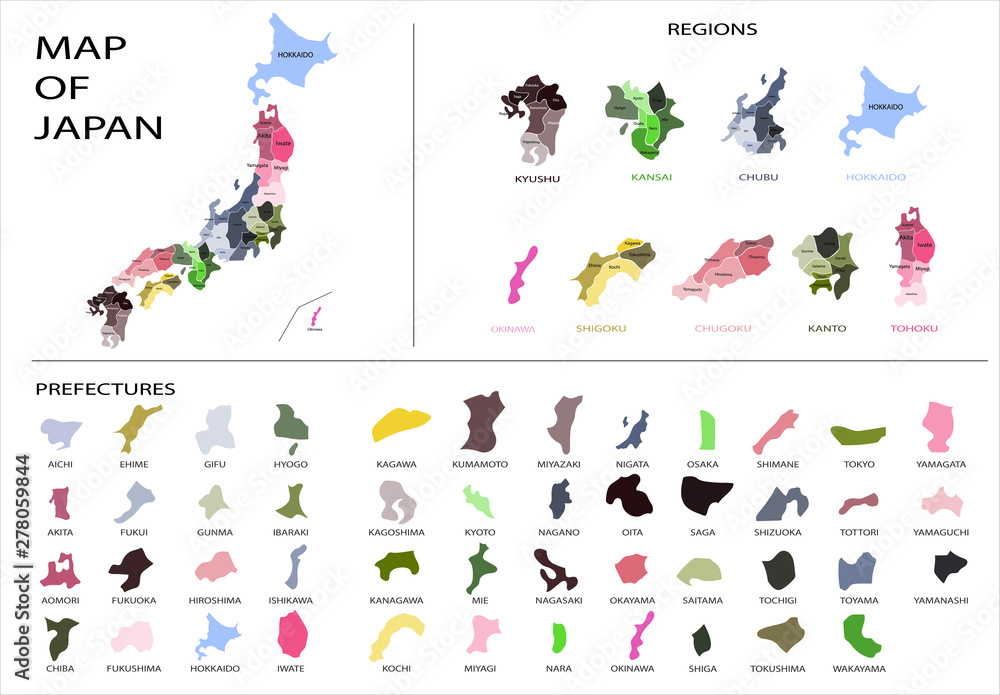 Japan map graphic vector - Separated isolated regions and prefecture provinces for design work or info graphic education and geography