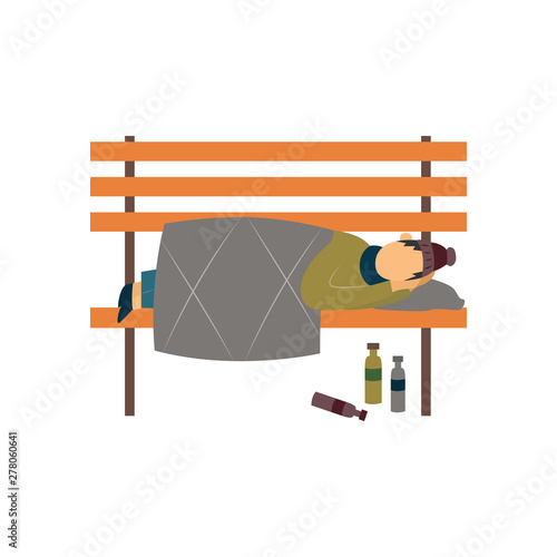 Homeless tramp or beggar sleeping on a bench flat vector illustration isolated.