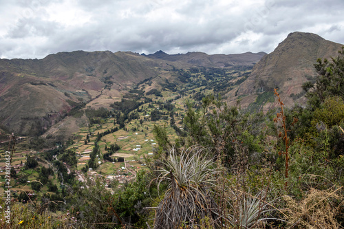 View of Pisac Archaeological Park and green mountains of the Sacred Valley of the Incas  Peru