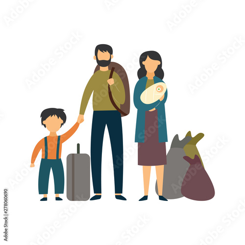 Homeless poor or stateless refugee family flat vector illustration isolated.