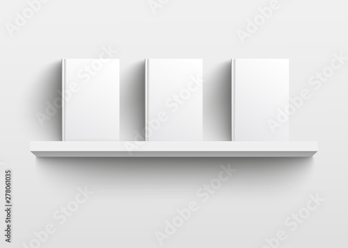 White book shelf mockup with three books, realistic blank template design with empty hard covers facing front