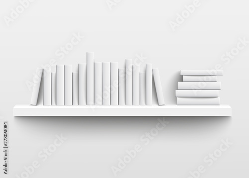 White book shelf mockup on the wall, 3d realistic design of minimalist bookshelf with blank hard cover books photo