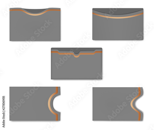 Card holder set, vector template. Blank sleeve cases for plastic cards. Empty gray envelopes, realistic illustration