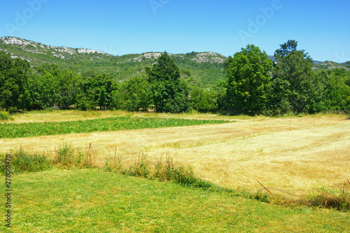 Bosnian countryside landscape on a hot summer day. Mountain valley in Dinaric Alps. Bosnia and Herzegovina, Republika Srpska, Tuli