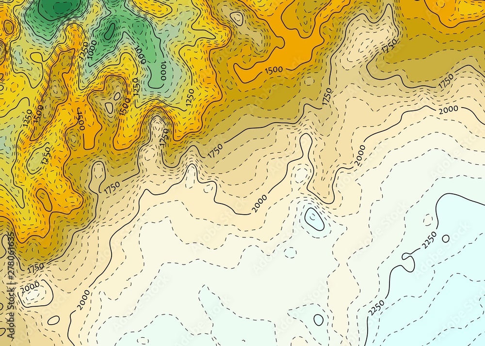 Blue-yellow topographical map with dashed contour lines