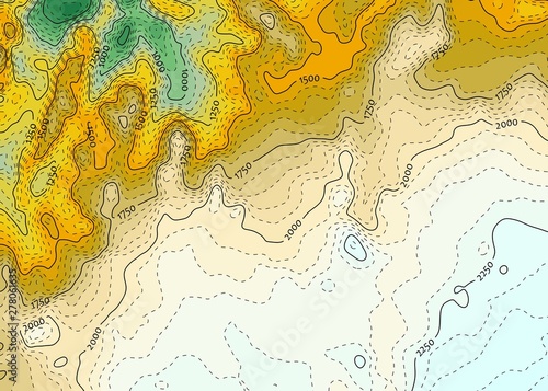 Blue-yellow topographical map with dashed contour lines
