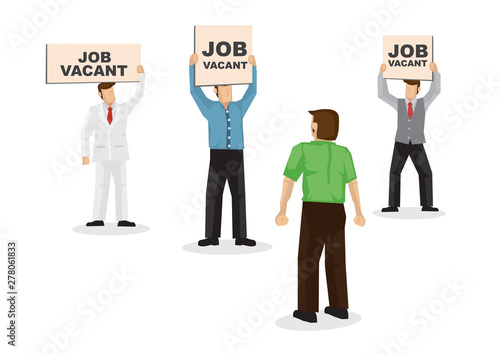 A talent looking and choosing three employers with their signboard, attracting him into their company. Concept of recruitment, headhunter or corporate hiring.