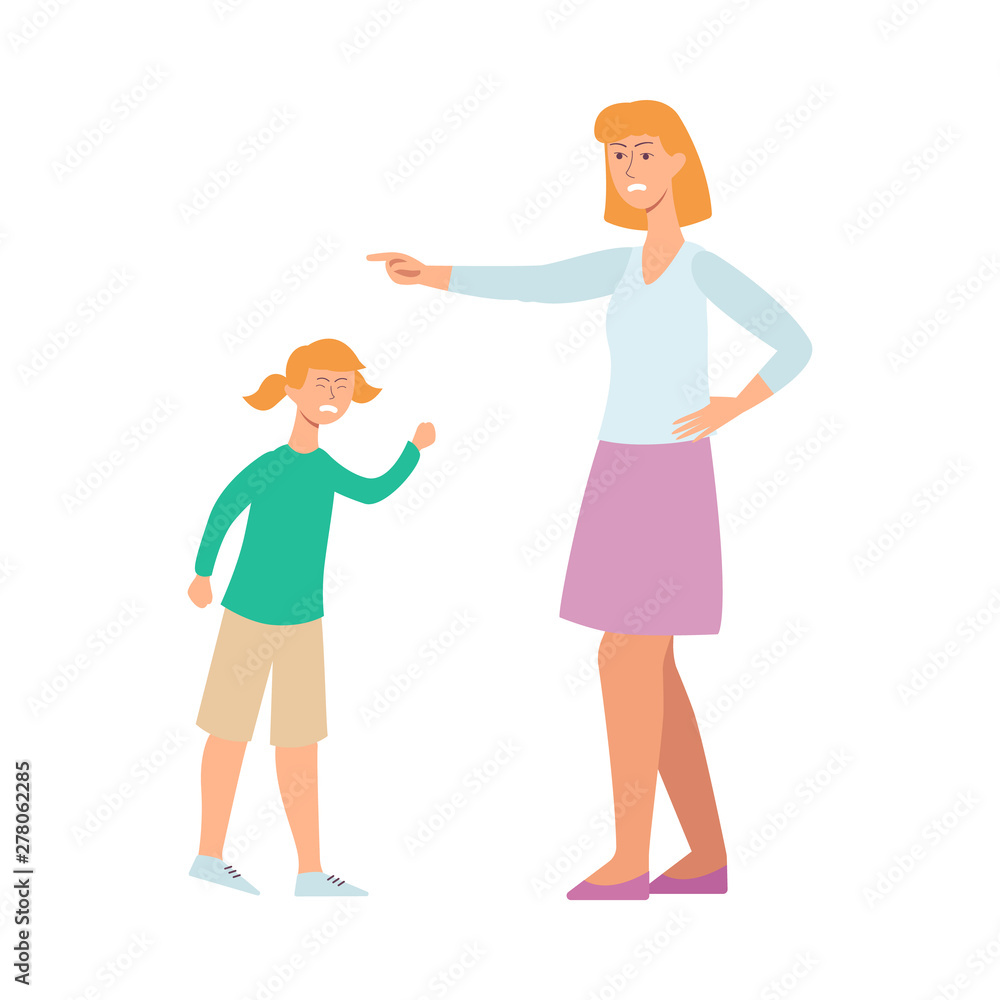 Mother angry at her child, cartoon character conflict with woman trying to discipline a young girl. Mother angry at her child, cartoon character conflict with woman trying to discipline a young girl.