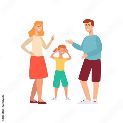 Family conflict - angry people arguing in front of a sad unhappy child.
