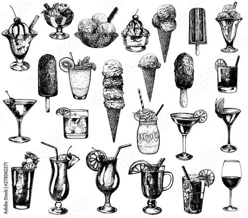 Set of hand drawn sketch style alcoholic and soft drinks plus different types of ice cream isolated on white background. Vector illustration.