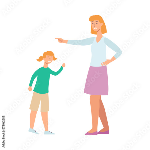 Mother angry at her child, cartoon character conflict with woman trying to discipline a young girl.