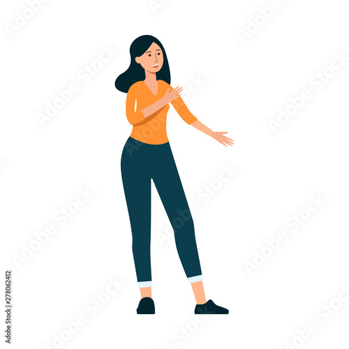 Young girl or woman speaks or leads a dialog flat vector illustration isolated.