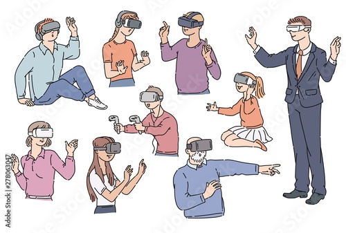 A set of people wearing glasses and a virtual reality helmet, a digital device for playing a game.