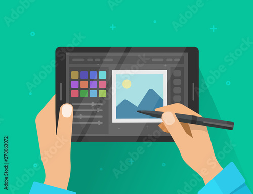 Photo or graphic editor on tablet vector illustration, flat cartoon graphics tablet screen with designer hands drawing or image editing software or program image photo