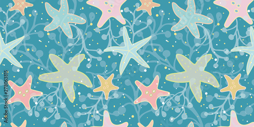 Turquoise vector repeat pattern with pastel starfish, seaweed and sand. Summer beach pattern. Surface pattern design.