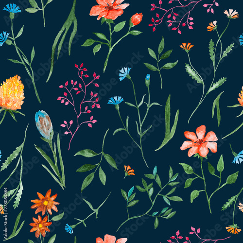 Mixed flowers watercolor painting - hand drawn seamless pattern with blossom on navy blue