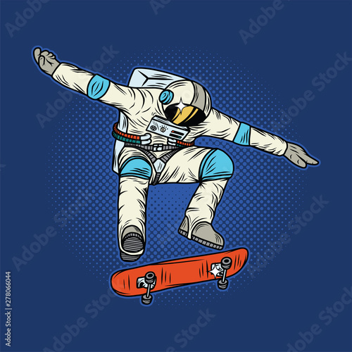 Isolated illustration of the astronaut on the skateboard. Vector color illustration.