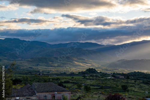 Landscape with mountain range in soft morning sunlights on Sicily island, South of Italy