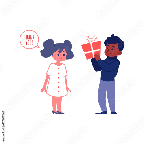 Polite girl with good manners thanking a friend vector illustration isolated.