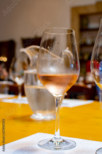 Professional wine tasting, sommelier course, cold rose dry wine in wine glass