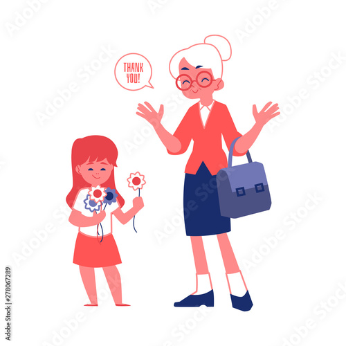 Elderly woman with good manners and polite girl flat vector illustration isolated.