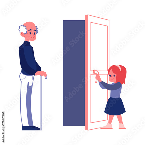 Polite girl opening the door to an elderly man flat vector Illustration isolated.