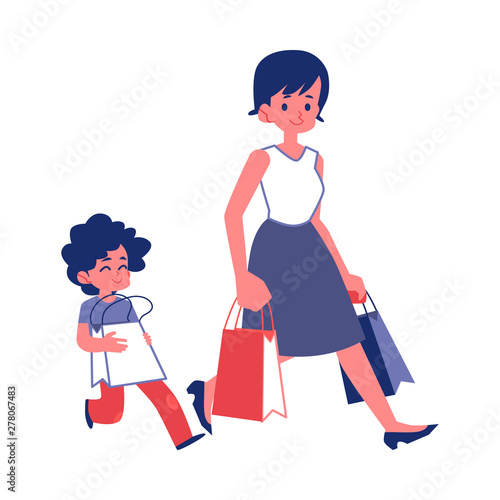 Polite child with good manners helping a woman flat vector isolated on white.