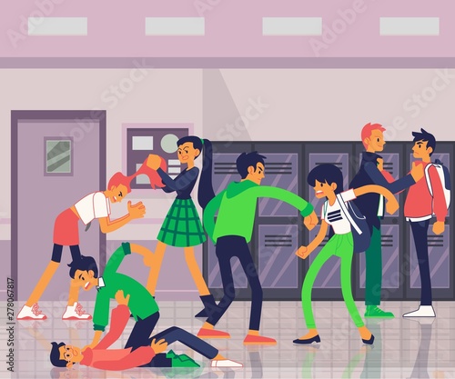 Banner with aggressive teenagers bullying and fighting flat vector illustration.