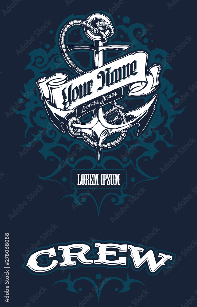 Obraz premium Anchor with ornaments, sailing boat crew t-shirt front and back design.