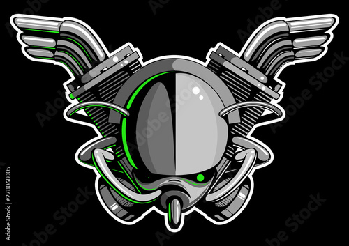 Robot head with green eyes and motorcycle engines on black background.