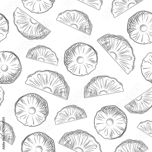 Pineapple fruit slices sketch seamless pattern. Exotic tropical fruit backdrop.